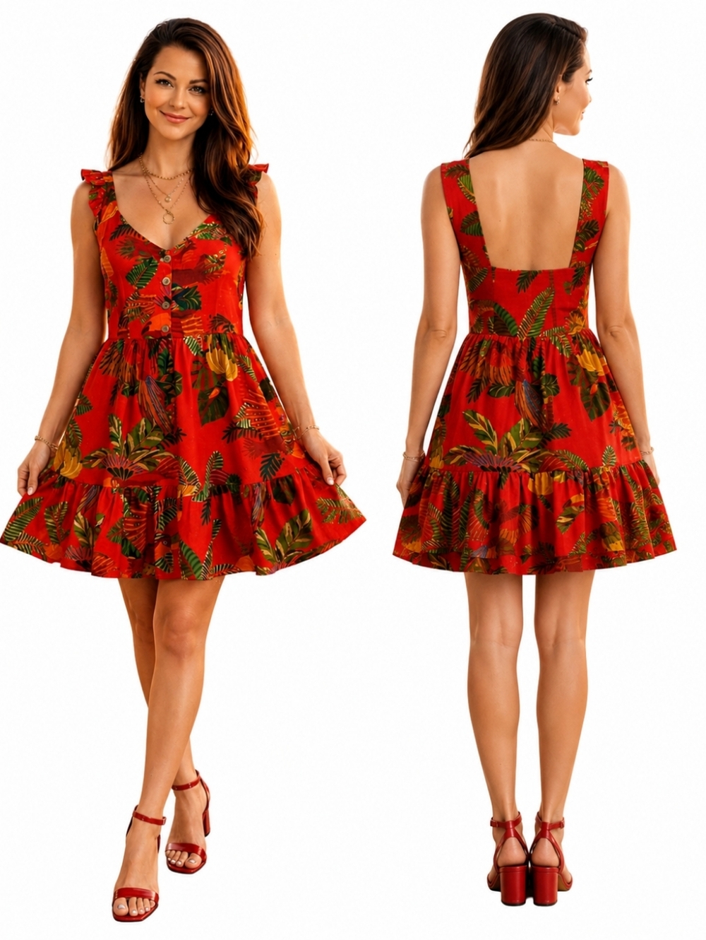 FARM Rio Red Forest Birds Mini Dress